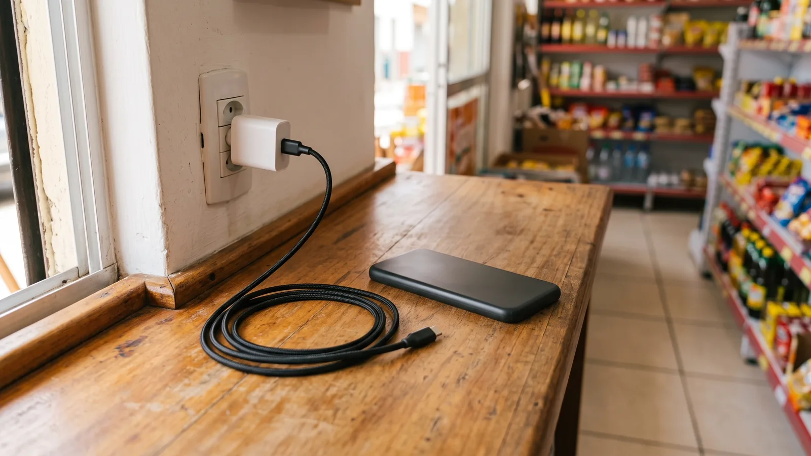 Smartphone repousando sobre mesa de madeira limpa enquanto é carregado por uma fonte de parede branca conectada à tomada.