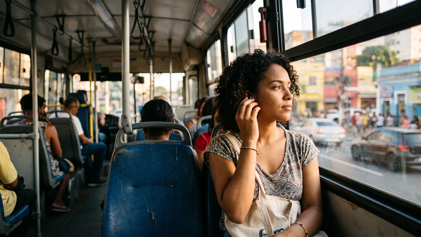 Passageiro sentado na janela de um ônibus urbano ajustando um fone de ouvido sem fio no final da tarde.