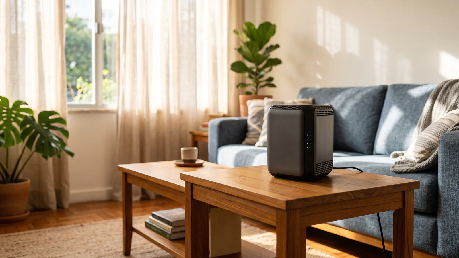 Roteador Wi-Fi com antenas externas em uma prateleira central de estante em sala de casa, com pessoa ao fundo verificando sinal no celular. Luz natural revela contraste entre cobertura boa perto do roteador e sinal fraco em um canto distante.