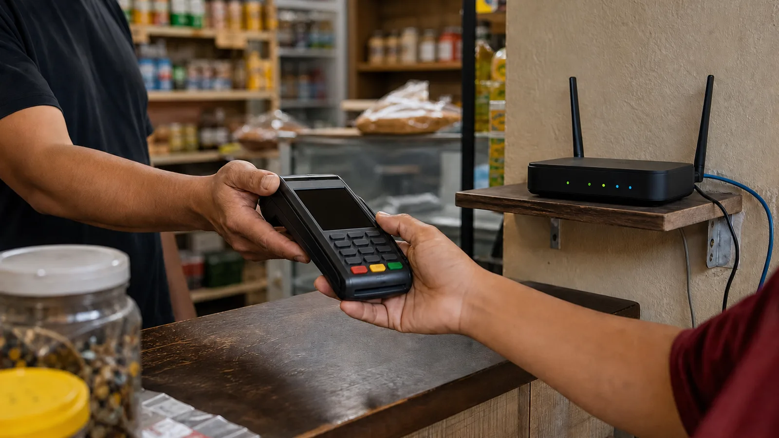 Balcao de atendimento de um pequeno comercio com roteador de rede aceso ao fundo e operador entregando a maquininha de cartao ao cliente.