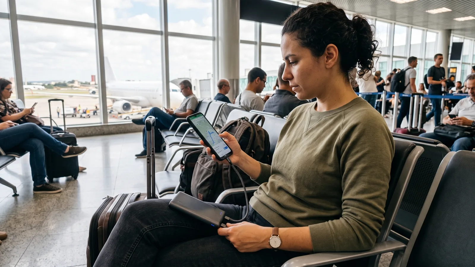 Pessoa segurando celular conectado por cabo USB-C a um power bank no colo em uma sala de espera de aeroporto.