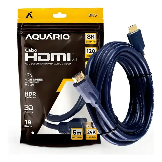 Cabo Hdmi 2.1 5m AQUÁRIO Gold Ultra Hd Resolução 8k 120hz Ps5 Comprimento 5 Metros
