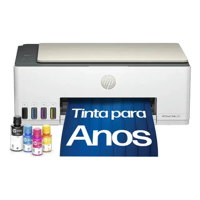 Impressora multifuncional HP Smart Tank 583 Colorida 1 USB 2.0 de alta velocidade (dispositivo); 1 porta Wi-Fi 802.11b/g/n; 1 Wi-Fi Direct -100 a 240 VCA