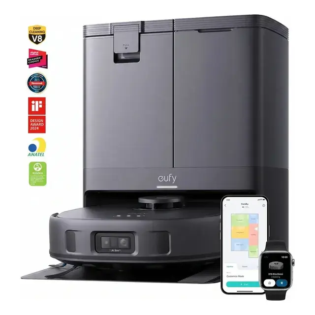 Robô Aspirador eufy X10 Pro 4 em 1 Sucção 8000Pa IA Evita Obstáculos Mapeamento AI.Map 3.0 Lava Seca Esvazia e Reabastece Água Escovas Antiembaraço Navegação Laser Limpeza Silenciosa Ideal Pets 220V