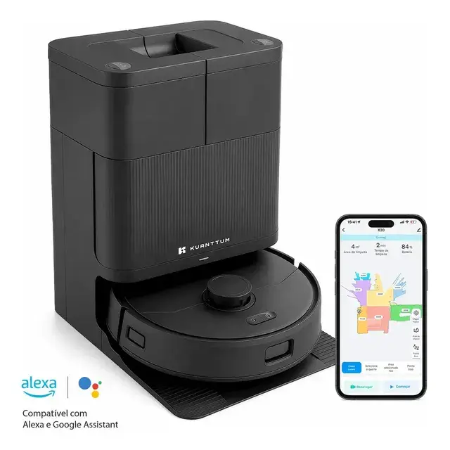 Robô Aspirador de Pó Automático 4 em 1 - Kuanttum X20 20000 PA com Base Autolimpante e Mapeamento inteligente wifi Laser Preto Alexa e Google Lançamento 2026 Peças no Brasil