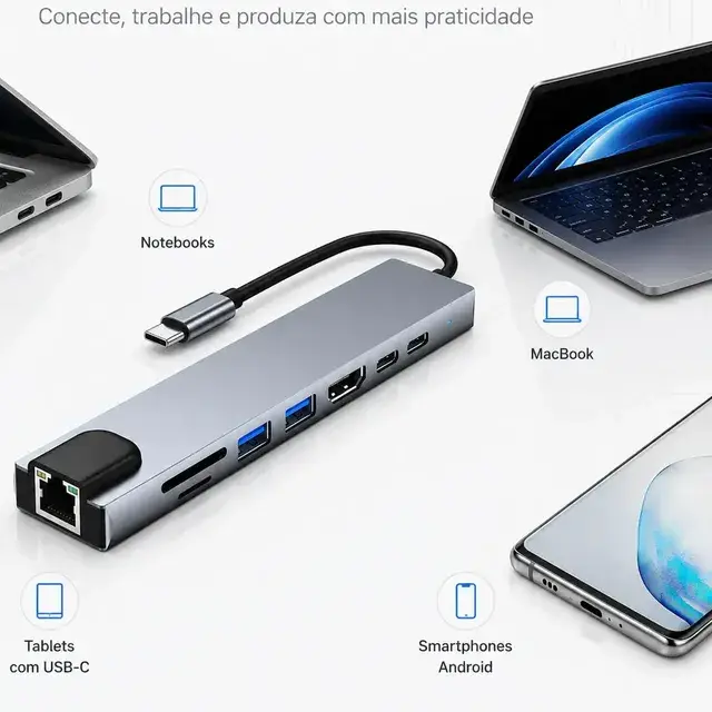 Hub Usb-c 8 Em 1 Hdmi 4k Rj45 Ethernet Leitor Sd Tf Usb 3.0 Pd 100w Carregamento Rápido Adaptador Multiportas Macbook Notebook Tipo C